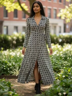 Emma & Michele Black and White Geometric Wrap-Style Midi Dress